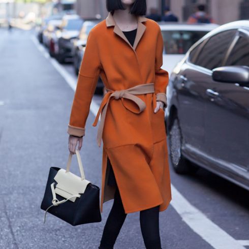 橘色双面羊绒大衣 中长款口袋系带两面穿羊毛